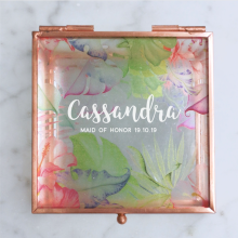 Whimsical Script Tropical Rose Gold Glass Jewellery Box